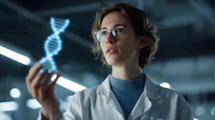 Scientist examining a DNA model in a laboratory setting.