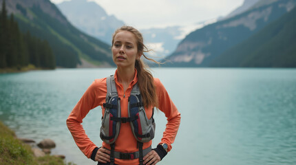 Female trail runner resting by alpine lake with hydration vest