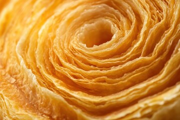 Golden layers of flaky pastry spiral beautifully, showcasing its delicate texture and inviting appearance for dessert lovers or baking enthusiasts