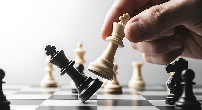 Chess game strategy with hand moving king piece to checkmate