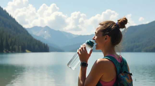 Active woman hydrating after hike at scenic mountain lake - Powered by Adobe
