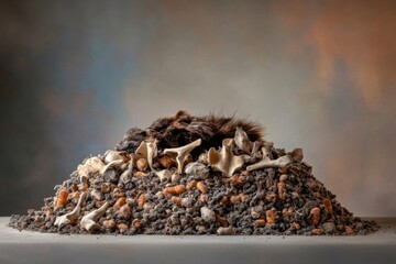A dense mound of dark earth, small orange fragments, various animal bones, and dark fur creates a stark, naturalistic composition.