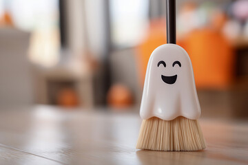 Halloween background with decorative ghost toy.	 