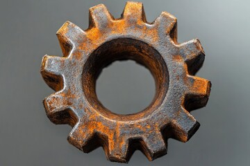 A close-up of a heavily rusted metal gear wheel, displaying its worn texture and vibrant orange-brown corrosion against a dark, minimalist background.
