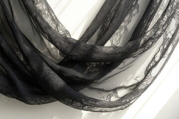 Elegant black sheer lace fabric draped artfully, revealing intricate patterns and delicate texture against a bright background, creating depth and shadows.