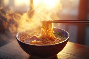 Chopsticks lift steaming noodles from a ramen bowl, showcasing rich broth, tender pork, and greens, conveying warmth and culinary delight.