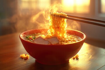 Chopsticks lift steaming, golden ramen noodles from a red bowl. Chicken and vegetables visible. Warm light creates an inviting, delicious Asian comfort meal.