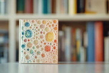 A uniquely textured book cover featuring a colorful, bubbly design resembling abstract art or microscopic patterns, set against a blurred bookshelf.