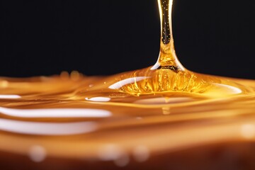 Golden syrup flowing smoothly in a pool, capturing light and creating reflections on a dark backdrop in a close-up view