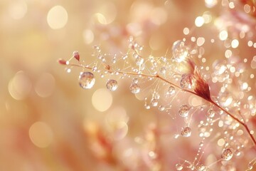 Glistening dewdrops cling to a delicate plant stem, sparkling like tiny jewels against a soft, golden bokeh background, evoking a magical morning.