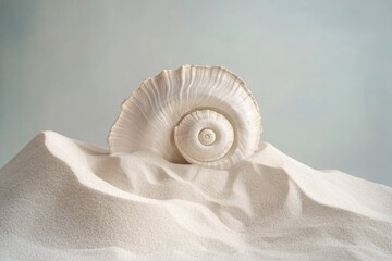 A pristine white spiral seashell rests gracefully on soft, light sand dunes against a tranquil pale blue-green background, evoking serene coastal beauty.