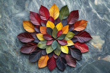 Beautifully arranged autumn leaves in a symmetrical circular pattern. Vibrant reds, yellows, greens, oranges against a dark textured stone background.