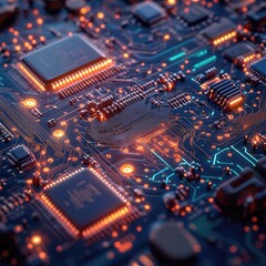 A vibrant, detailed close-up of a circuit board, showcasing illuminated orange and blue traces and glowing electronic components, symbolizing digital complexity.