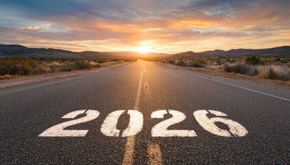 Asphalt road stretches to a sunrise, year 2026 painted on the road