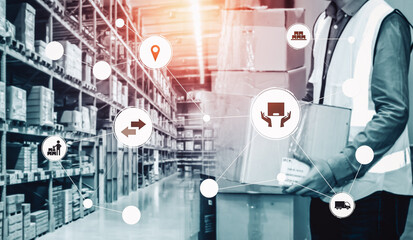 Smart warehouse management system with innovative internet of things technology to identify package picking and delivery . Future concept of supply chain and logistic network business .