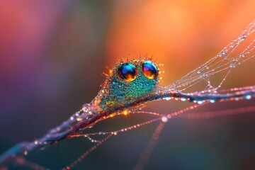 A magical macro shot captures a dew-covered creature with vibrant, iridescent water droplet eyes, sparkling on a delicate, dewy spiderweb.