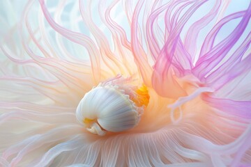 A beautiful white mollusk nestled within delicate, flowing pink, purple, and orange translucent tentacles of a sea anemone, creating an ethereal underwater scene.