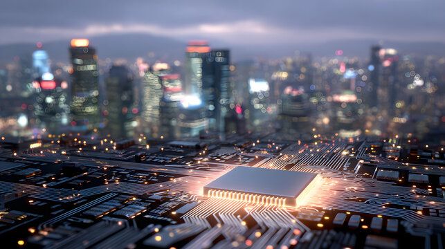 Futuristic cityscape with glowing circuit board and central processing unit.
