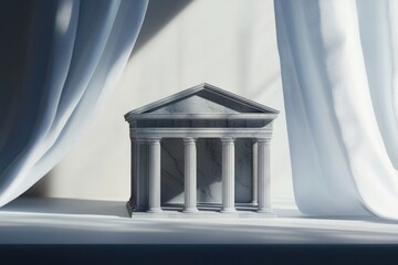 A miniature marble classical temple model stands elegantly between flowing light blue curtains, bathed in soft, diffused light.