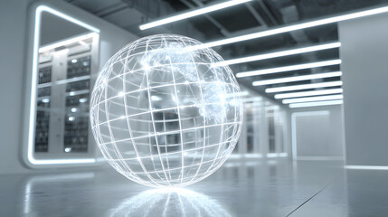Futuristic globe in a modern data center, representing global connectivity and technology.