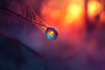 A brilliant dewdrop caught in a spiderweb, reflecting a vibrant sunrise/sunset and tree silhouettes, creates a magical, colorful bokeh image.