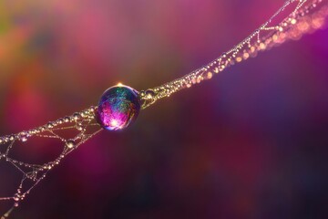 A large, iridescent dewdrop clings to a spiderweb, sparkling alongside numerous smaller droplets against a beautiful, colorful bokeh background.