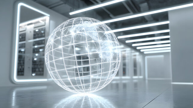 Futuristic globe in a modern data center, representing global connectivity and technology. - Powered by Adobe