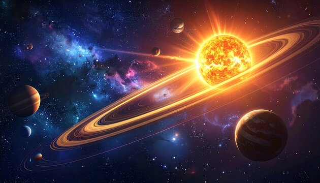 Spectacular Artistic Rendering of a Solar System with Planets and Glowing Sun