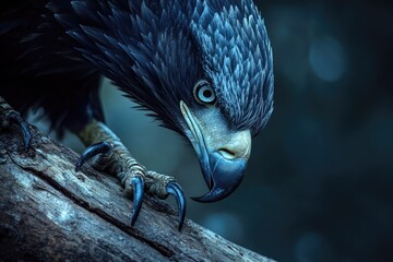 A majestic, dark blue-feathered bird of prey with piercing blue eyes and powerful talons grips a branch, showcasing intense focus.