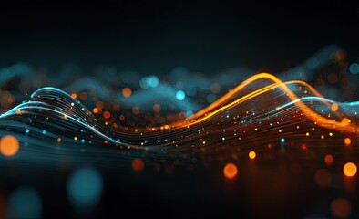 Abstract digital wave patterns.  Dynamic lines of orange and teal light weave through a field of glowing particles.  Dark background enhances the vibrant colors