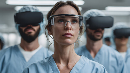 Medical professionals using VR headsets in a modern operating room setting.