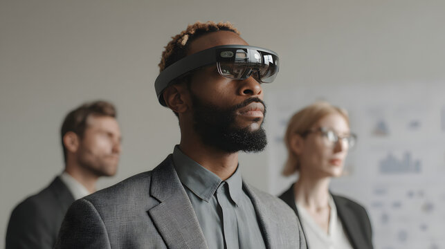 A man wearing augmented reality glasses in a modern office setting.