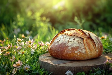 A rustic, crusty loaf of bread sits on a wooden stump amidst wildflowers and lush greenery, bathed in golden sunlight.
