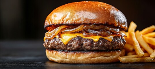 Juicy burger with grilled onions and special sauce, elegantly presented on a black table setting.