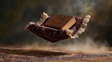 A flying carpet with an ancient book floating above it, in a cloud of dust and smoke, symbolizing knowledge, culture and historical significance.