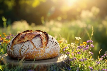 A beautiful, rustic artisan bread loaf rests on a wooden stump amidst vibrant wildflowers and sun-kissed green grass, bathed in warm golden light.