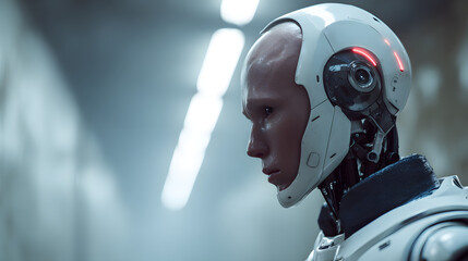 A futuristic cyborg with a sleek design, gazing thoughtfully into the distance.