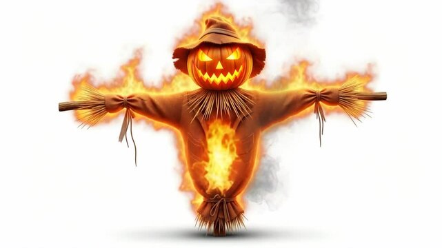 Creepy Scarecrow with Pumpkin Head Engulfed in Flames for Halloween Horror Theme