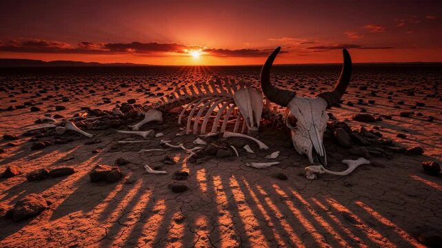 arid landscape at sunset featuring scattered animal bones and cracked earth in a desolate