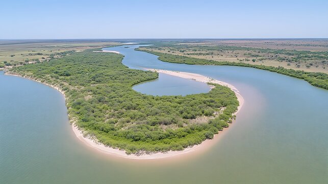 Aerial panoramic view of a river landscape, river meander and forest background