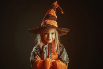 Halloween background with girl witch.	 