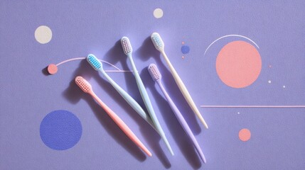 Colorful toothbrush arrangement on pastel geometric background for modern bathroom design,National Brush Day