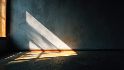 Sunlight streams into a dimly lit room, casting dramatic shadows on a textured wall and floor