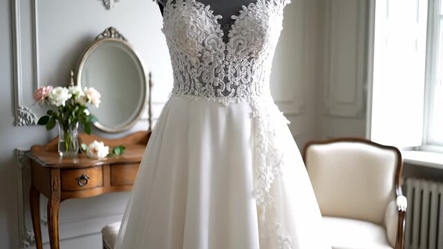A white dress is displayed elegantly in a bright room, showcasing the delicate lacework on the dress. The dress stands near a vintage mirror and reflects the dress's intricate patt