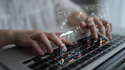 A big data visualization and business analytics dashboard grid. A complex collection of charts and graphs for comprehensive company reporting. Motif