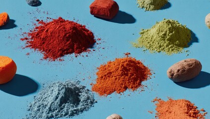 Colorful pigment powders and blocks on a vibrant blue surface