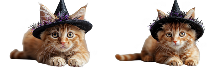 Two cute kittens wearing small black witch hats with glitter, isolated on transparent background