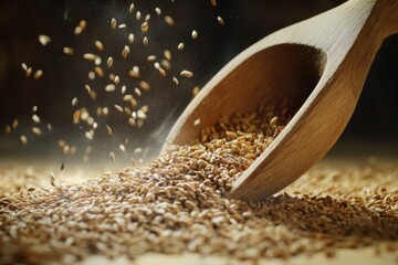 Grains spilling from a wooden scoop on a wooden surface in a warm light setting creating a cozy kitchen atmosphere for baking