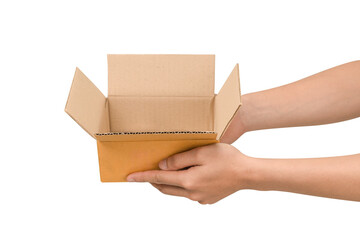 Hand holding a cardboard box isolated on transparent.