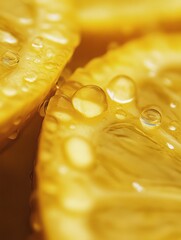 Fresh lemon slices with droplets on a vibrant yellow surface showcase natural textures and colors in a close-up setting